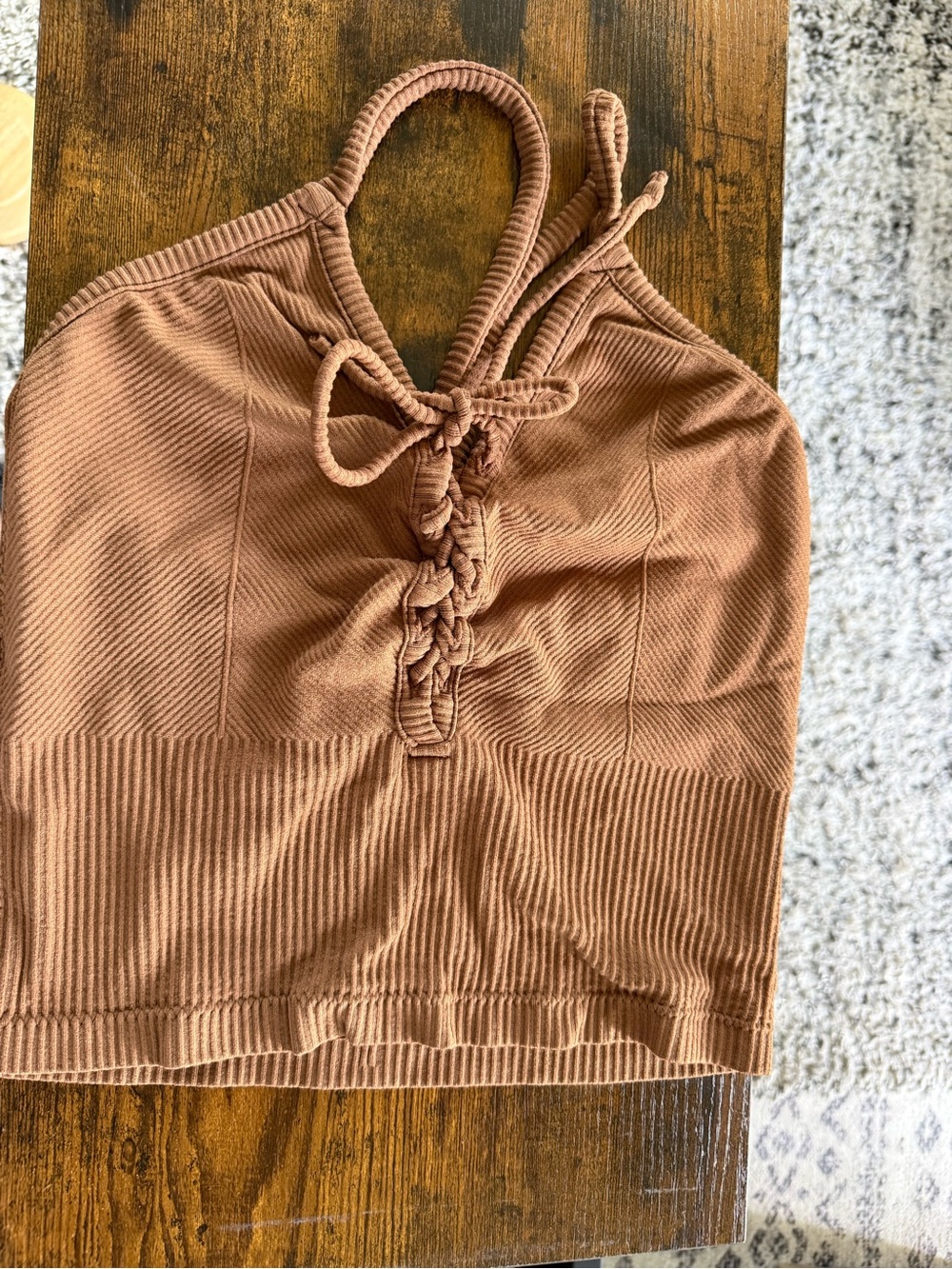Braided Front Ribbed Crop Top - Brown